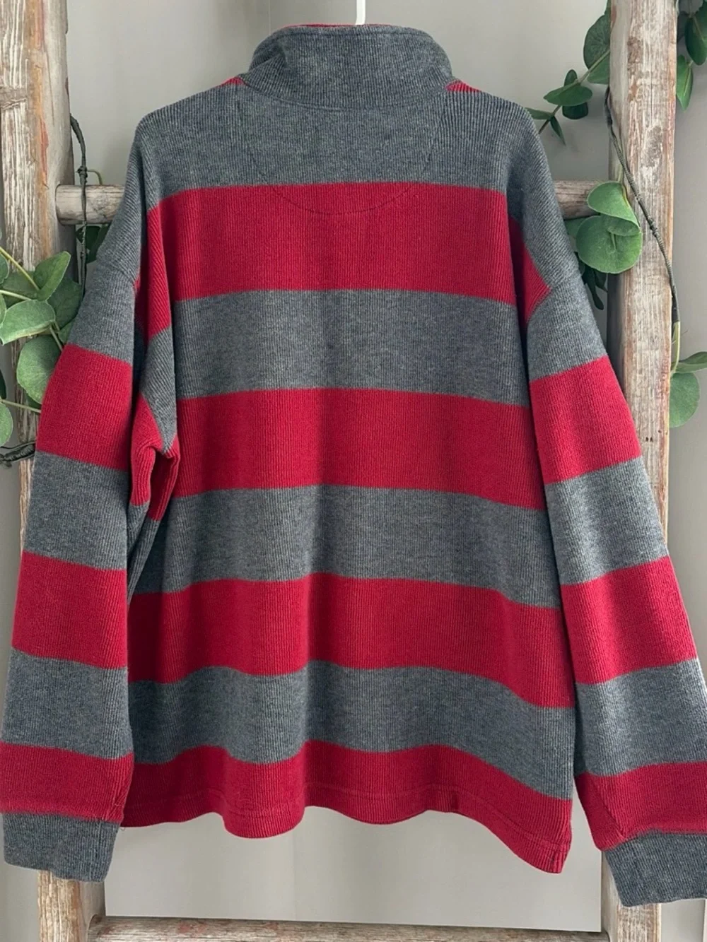 GAP Red and Gray Striped Half-Zip Sweater